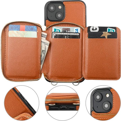 Bocasal RFID Blocking Wallet Case for iPhone 14 Plus, Adjustable Crossbody Zipper Purse Case Card Holder with Kickstand Detachable Wrist Strap, PU Leather Flip Folio Case 6.7 Inch 5G (Brown)