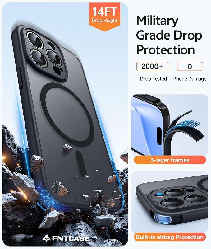 FNTCASE for iPhone 15 Pro Max Case: [Compatible with Magsafe] Translucent Matte Cases with [Full Camera Protection] [Screen Protector] Military Grade Shockproof Protective Phone Cover - Black