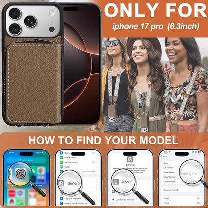 XANGNIER Wallet Case for iPhone 17 Pro with Strap, RFID Blocking PU Leather Crossbody Phone Purse with Card Holder, Zipper Pocket, Wrist Strap & Adjustable Lanyard for Women 6.3" 5G,Brown