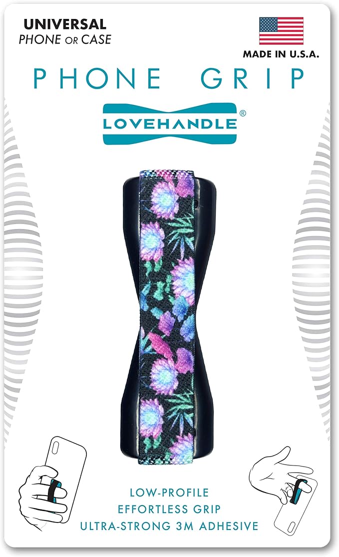 LOVEHANDLE Universal Phone Grip for Smartphones & Mini Tablets - Phone Holder for Hand - Wireless Charging Compatible - Made in The USA - Neon Flowers