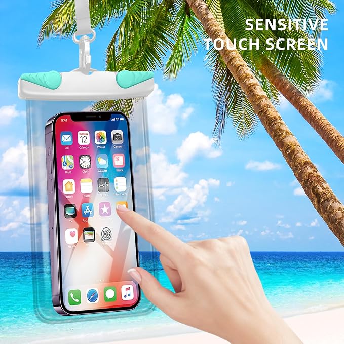 IPX8 Waterproof Phone Pouch for 16/15/14/13/12 Pro Max & Galaxy S24/S23 Samsung's Waterproof Phone case with lanyard ,Cellphone Dry Bag Beach Essentials-2 bag 7.5 inches (White green)