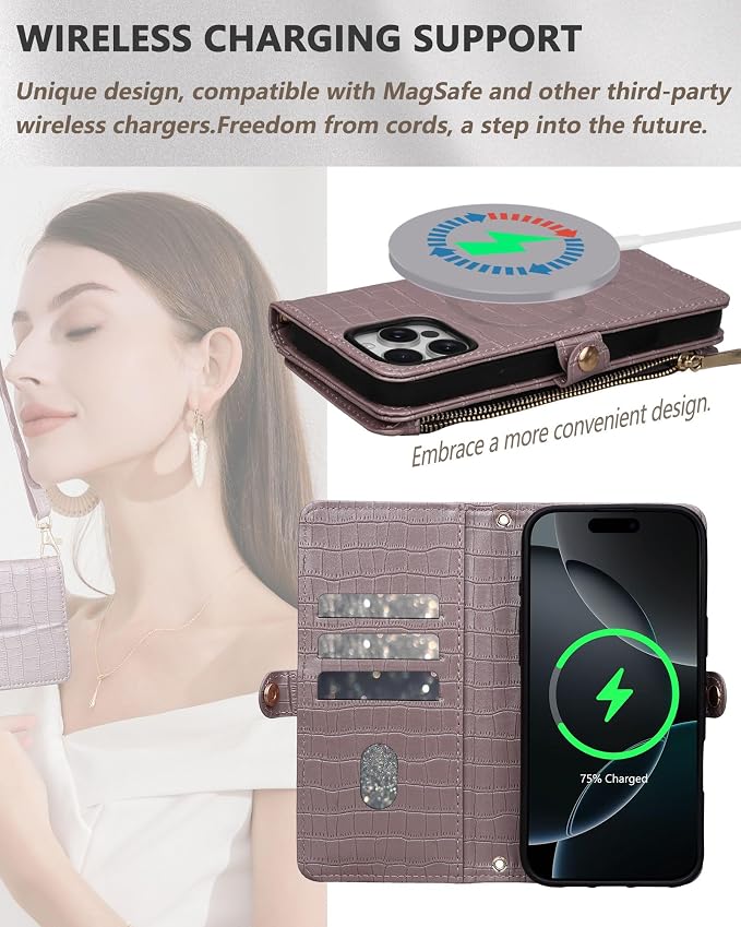 Crossbody Wallet Case for iPhone 15 Pro Max with Mirror, Wrist Strap, Zipper Purse Magnetic Flip RFID Blocking Card Holder, Wireless Charging, PU Leather Shockproof 6.7" Women (Rose Gold)