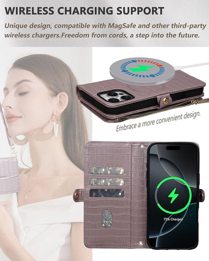Crossbody Wallet Case for iPhone 15 Pro with Mirror, Wrist Strap, Zipper Purse Magnetic Flip RFID Blocking Card Holder, Wireless Charging, PU Leather Shockproof 6.1" Women (Rose Gold)