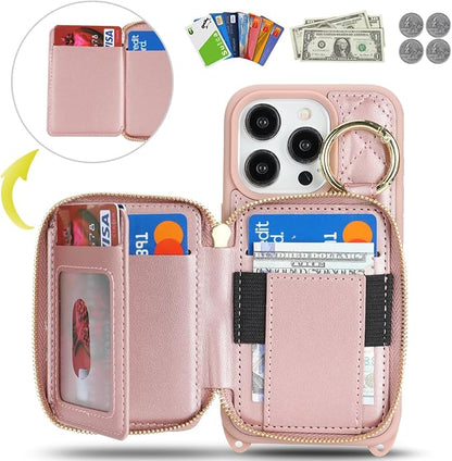 Crossbody Wallet Case for iPhone 14 Pro, PU Leather Zipper Handbag Purse Flip Cover, Kickstand Folio Case with Card Slots Holder Wrist Strap Lanyard 5G 6.1 Inch-Rose Gold