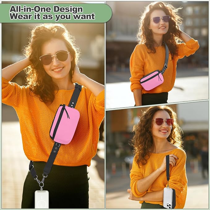 YFWE Clip and Go Strap for Phone with Wallet Crossbody, Adjustable Phone Lanyard with Detachable RFID Wristlet Wallet & Ultra-Thin 360° Rotatable Metal Tabs for All Smartphones (Pink)