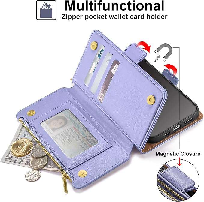 Antsturdy Compatible with iPhone 12 Wallet Case,RFID Blocking PU Leather Phone Case Women Men Kickstand Flip Cover Wrist Strap Zipper Credit Card Holder Slots,for Apple 12 Pro 6.1",Light Purple