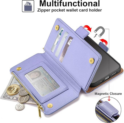 Antsturdy Compatible with iPhone 12 Wallet Case,RFID Blocking PU Leather Phone Case Women Men Kickstand Flip Cover Wrist Strap Zipper Credit Card Holder Slots,for Apple 12 Pro 6.1",Light Purple