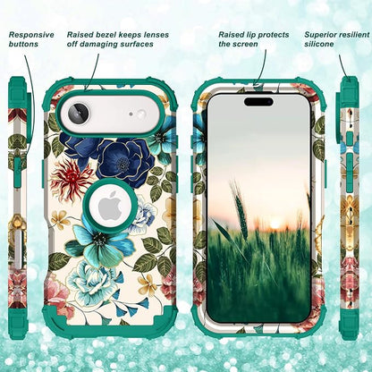 Hocase for iPhone Air Case 6.5", Heavy Duty Shockproof Protection Soft Silicone Rubber+Hard Plastic Bumpers Hybrid Protective Case for iPhone Air 2025 - Teal Flowers