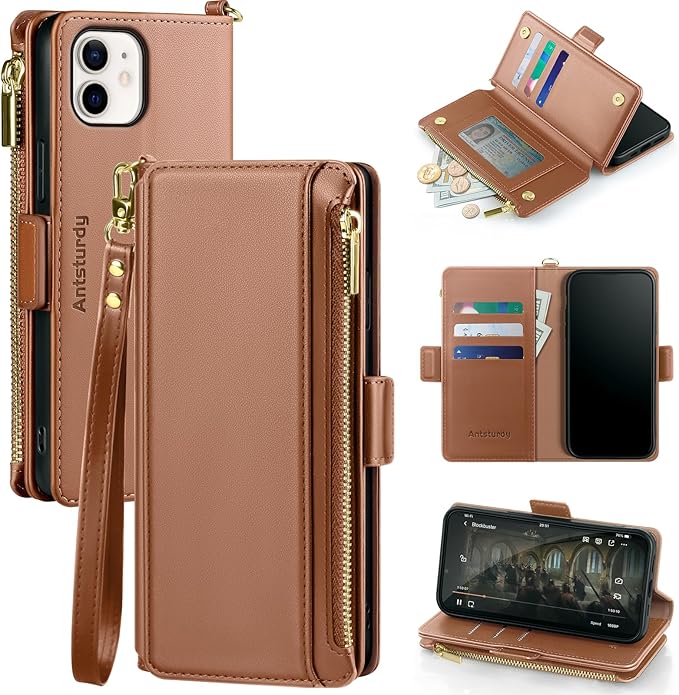 Antsturdy Compatible with iPhone 12 Wallet Case,RFID Blocking PU Leather Phone Case Women Men Kickstand Flip Cover Wrist Strap Zipper Credit Card Holder Slots,for Apple 12 Pro 6.1",Light Brown