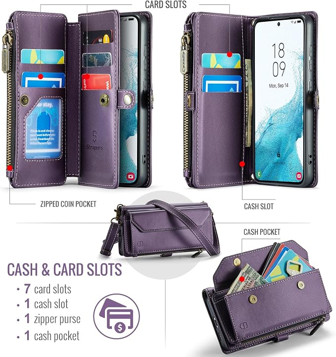 Strapurs Crossbody Wallet Case Compatible with Samsung Galaxy S22 5G RFID Blocking Card Holder Soft PU Leather Magnetic Snap Shoulder Strap Zipper Pocket Phone Case Fit for Galaxy S22 6.1" - Purple