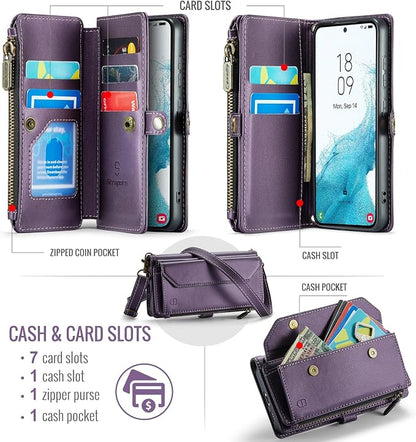 Strapurs Crossbody Wallet Case Compatible with Samsung Galaxy S22 5G RFID Blocking Card Holder Soft PU Leather Magnetic Snap Shoulder Strap Zipper Pocket Phone Case Fit for Galaxy S22 6.1" - Purple