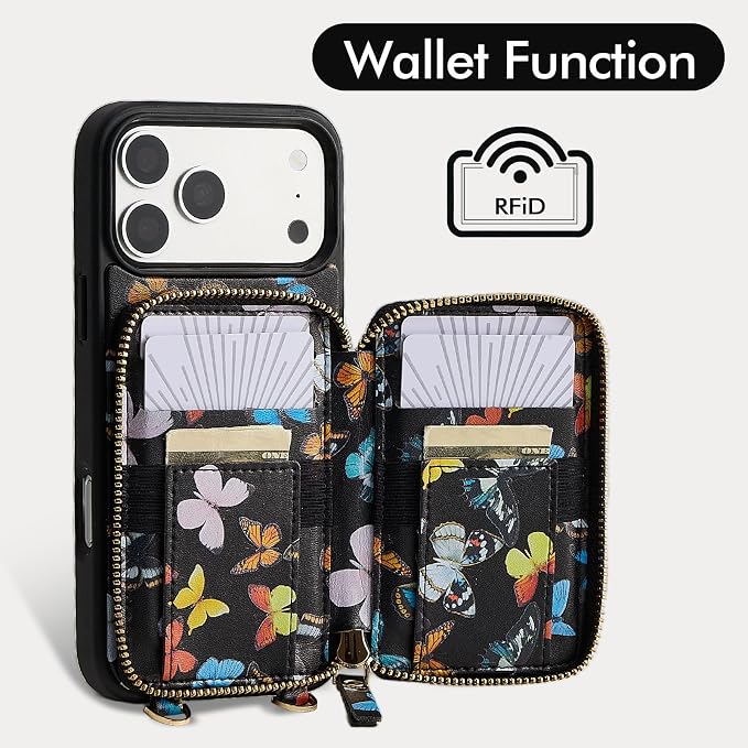ZVE for iPhone 17 Pro Wallet Case with Card Holder, RFID Blocking Crossbody Chain Phone Cover for Women 6.3" Butterfly