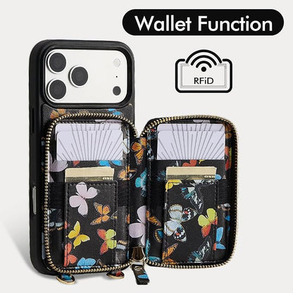 ZVE for iPhone 17 Pro Wallet Case with Card Holder, RFID Blocking Crossbody Chain Phone Cover for Women 6.3" Butterfly