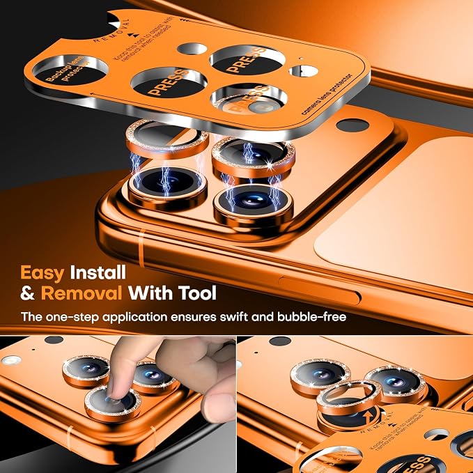Camera Lens Protector for iPhone 17 Pro Max/17 Pro/16 Pro Max/16 Pro/15 Pro Max/15 Pro/14 Pro Max/14 Pro,Tempered Glass Metal Individual Cover[Anti-drop] Case Friendly- Glitter Cosmic Orange