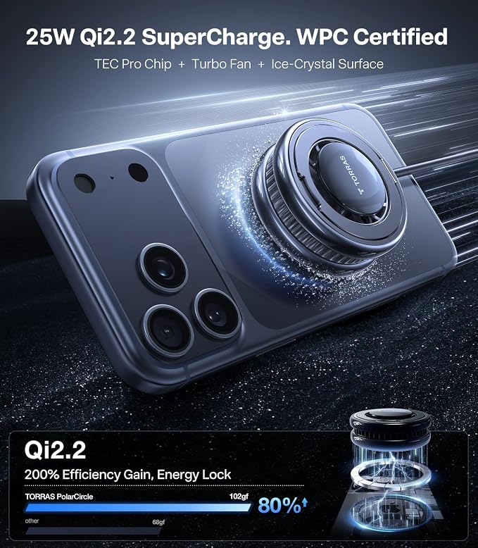 TORRAS PolarCircle Qi2.2 Wireless Charger, 25W Cooling Magnetic Pad for Samsung Galaxy S26/S25, Wireless Charger for iPhone 17/16 with 360°Spin Stand, Semiconductor Phone Cooler, with 45W IceNano Plug