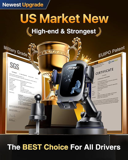 YRU True Military-Grade [360° Rotation Suction] 2026 Ultimate Car Phone Holder Mount 【90+LBS Safest Strongest & Patent Certs】 Dashboard Windshield Vent for iPhone 17 16 Pro Max Samsung,Blue Black