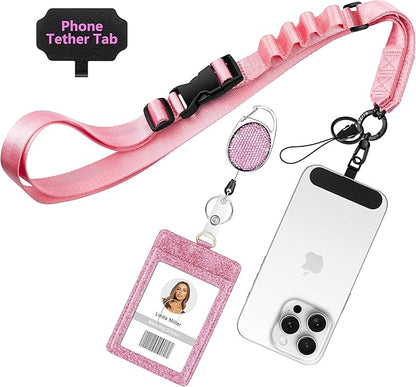 Azrra Adjustable Crossbody Cell Phone Lanyard for iPhone with Phone Tethers & Retractable ID Badge Card Holder (Pink)