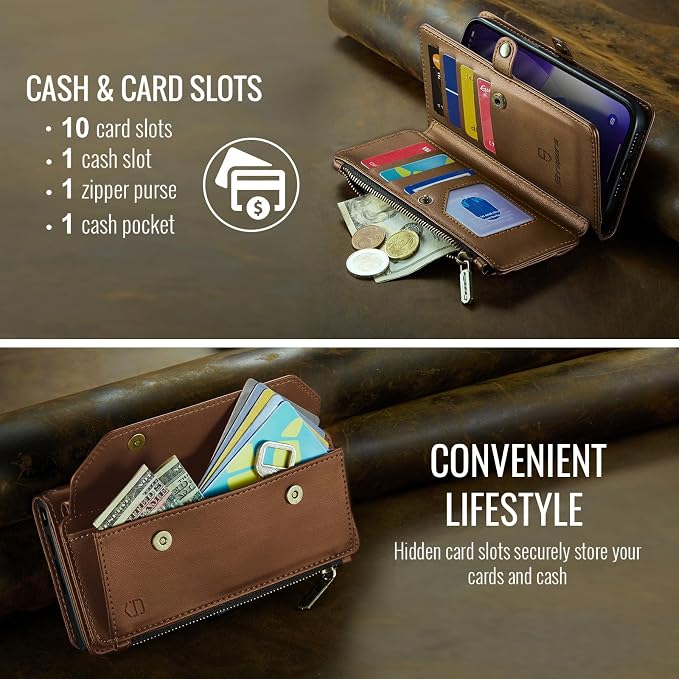 Strapurs Wallet Case Compatible with iPhone 17 Pro Max 6.9" RFID Blocking 10-Card Holder Soft PU Leather Magnetic Snap Shoulder Strap Zipper Pocket Phone Case Fit for iPhone 17 Pro Max - Brown