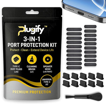 USB C Dust Plug Set 3-in-1 with Cleaning Brush, Phone Speaker Cleaner, Type-C Port Covers, Charging Port Cleaner Tool, iPhone Cleaning Kit & Phone Cleaner Accessories for Ports & Speaker Mesh
