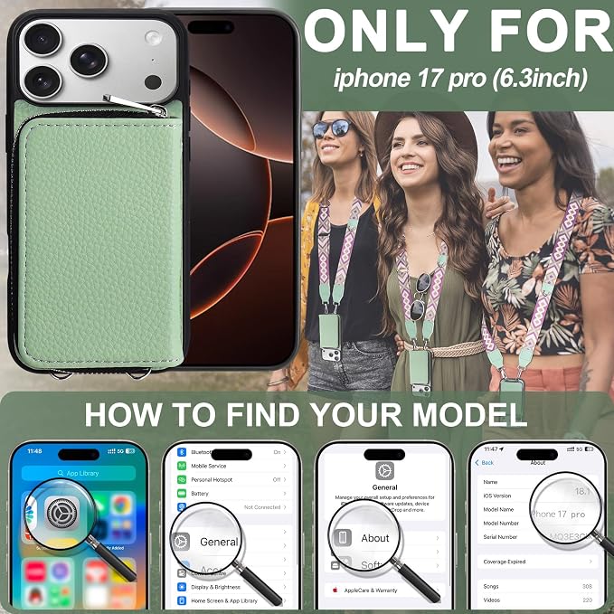 XANGNIER Wallet Case for iPhone 17 Pro with Strap, RFID Blocking PU Leather Crossbody Phone Purse with Card Holder, Zipper Pocket, Wrist Strap & Adjustable Lanyard for Women 6.3" 5G,Green