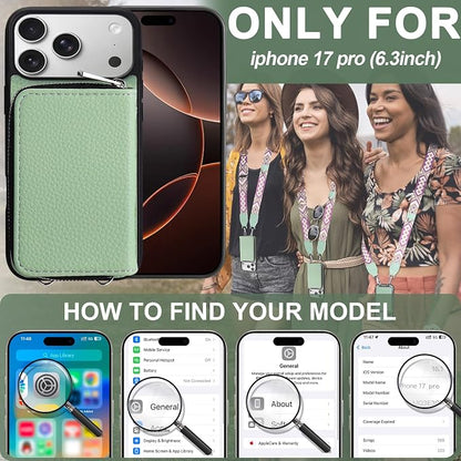 XANGNIER Wallet Case for iPhone 17 Pro with Strap, RFID Blocking PU Leather Crossbody Phone Purse with Card Holder, Zipper Pocket, Wrist Strap & Adjustable Lanyard for Women 6.3" 5G,Green