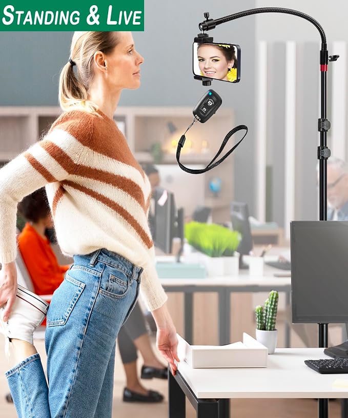 Cell Phone Stand, Phone Floor Stand, Swivel Cell Phone Mount with Height Adjustable Stand, Heavy Stable Base, Compatible with iPhone 16, iPhone 16 Pro Max, iPhone 16 Plus,15, 14, 13, 12