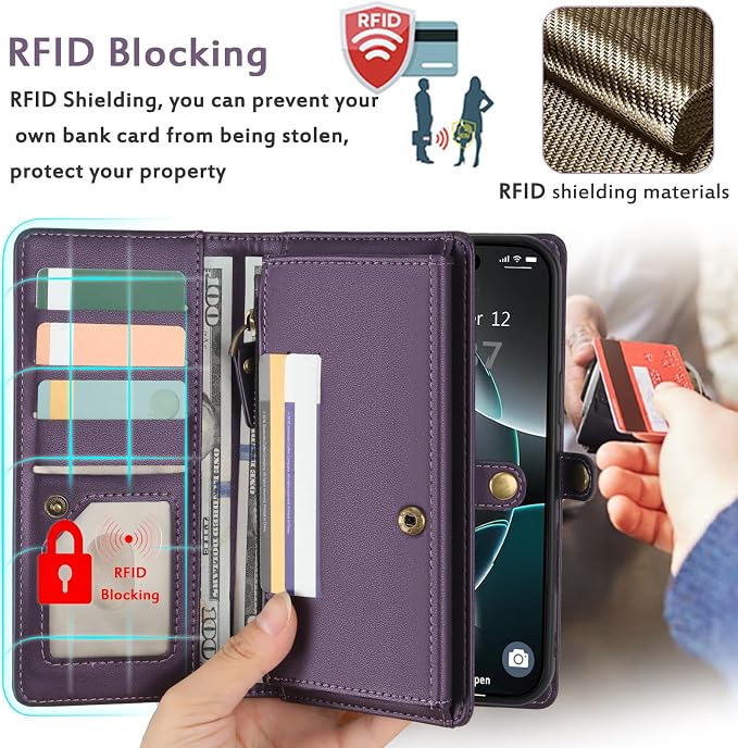for Wallet Case Compatible with iPhone 16 Pro Max,Multi-Function Detachable 2 in 1 Magnetic iPhone 16 Pro Max Case Wallet,Flip Strap Zipper Card Holder Phone Case with Shoulder Straps (Pruple)