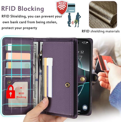 for Wallet Case Compatible with iPhone 16 Pro Max,Multi-Function Detachable 2 in 1 Magnetic iPhone 16 Pro Max Case Wallet,Flip Strap Zipper Card Holder Phone Case with Shoulder Straps (Pruple)