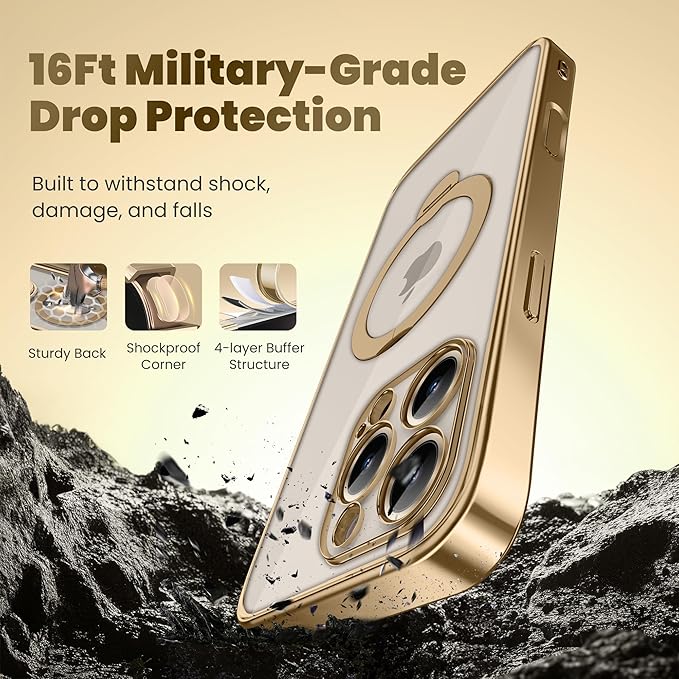 GolbinBox for iPhone 16 Pro Max Case with 360° Spin Magnetic Stand,[Compatible with Magsafe] [Military Protection][Built-in Ring Holder] Camera Control Phone Case for 16 Pro Max,Gold/Clear