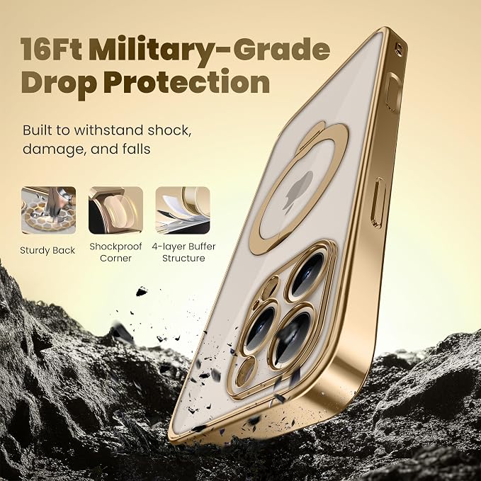GolbinBox for iPhone 15 Pro Max Case with 360° Spin Magnetic Stand,[Compatible with Magsafe] [Military Protection][Built-in Ring Holder] Shockproof Phone Case for 15 Pro Max, Gold/Clear