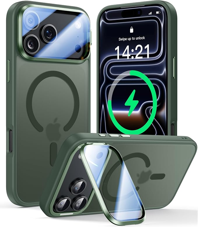 [Upgraded Full Camera Protection] for iPhone 17 Pro Max Case with Camera Cover Stand [Fit for MagSafe][10FT Mil-Grade Protection] Translucent Magnetic iPhone 17 Pro Max Phone Case, Green
