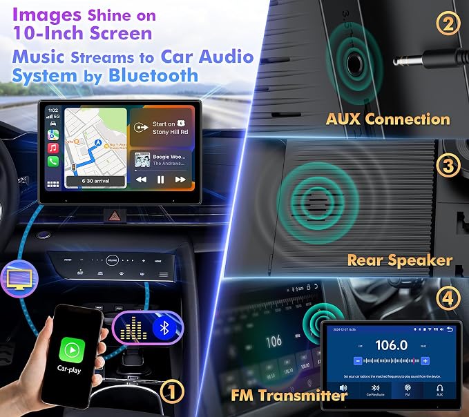 10" Touch Screen for Car, Used for Wireless Apple Carplay Android Auto MirrorLink, Portable Car Stereo with Bluetooth 2K Front Dashcam, 1080P Rear Dashcam Backup Camera