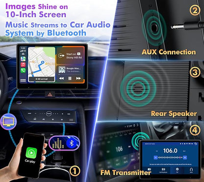 10" Touch Screen for Car, Used for Wireless Apple Carplay Android Auto MirrorLink, Portable Car Stereo with Bluetooth 2K Front Dashcam, 1080P Rear Dashcam Backup Camera