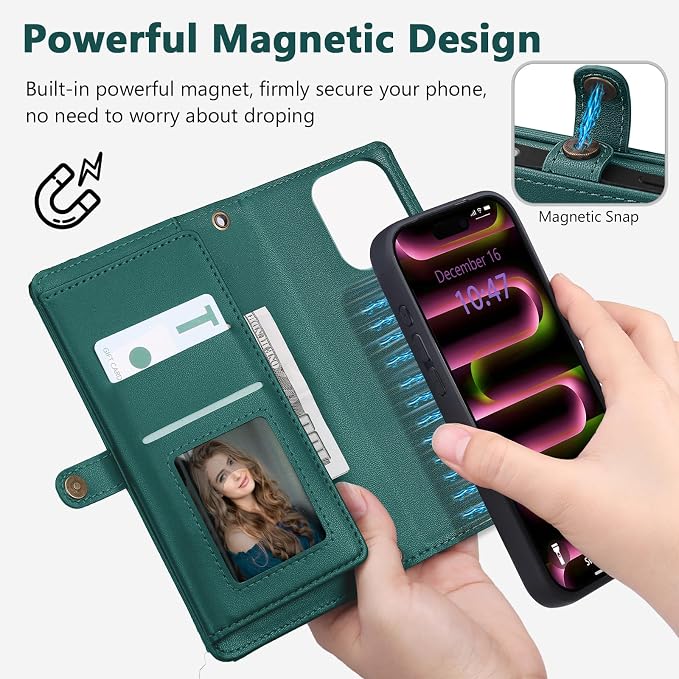 Wallet Case for iPhone 16 Pro with Card Holder/Crossbody Wallet/Strap| RFID Blocking | Magnetic | Kickstand | Detachable | PU Leather Phone Case for iPhone 16 Pro,6.3 in,Green