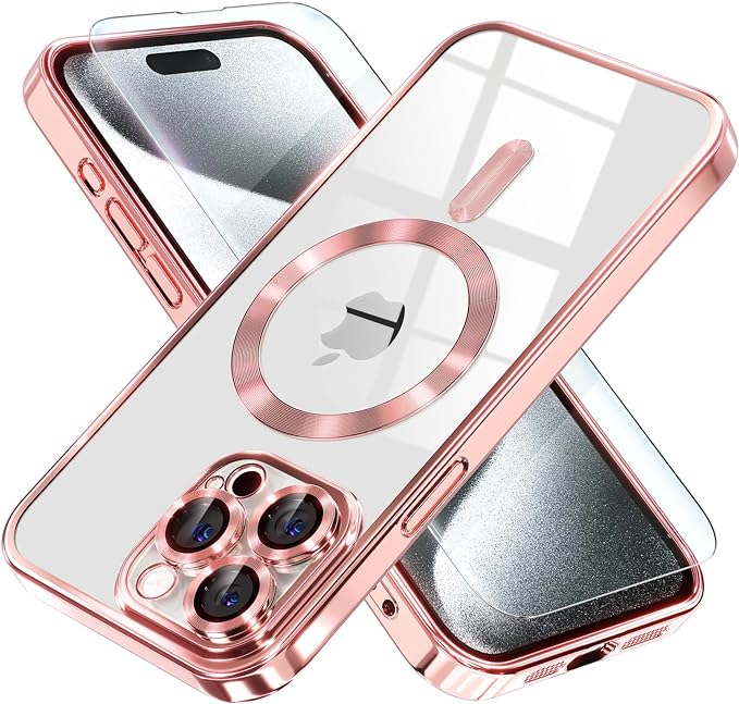 Misea Magnetic for iPhone 15 Pro Case Compatible with MagSafe [Never Yellowing] [Military Grade Drop Protection] Full Camera Lens Protector Plating Soft Clear Phone Case for Women Girls, Pink
