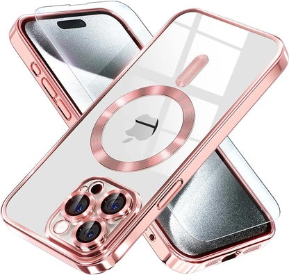 Misea Magnetic for iPhone 15 Pro Case Compatible with MagSafe [Never Yellowing] [Military Grade Drop Protection] Full Camera Lens Protector Plating Soft Clear Phone Case for Women Girls, Pink
