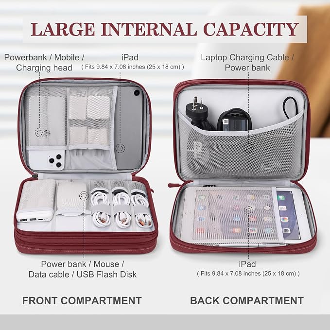 FYY Electronic Organizer, Extra Large Travel Cable Organizer Bag Pouch Portable Waterproof Double Layers All-in-One Storage Bag for iPad, Cable, Power Bank, Laptop Charger for Office/Home, Wine Red