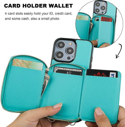 Bocasal RFID Blocking Wallet Case for iPhone 14 Pro, Adjustable Crossbody Zipper Purse Case Card Holder with Kickstand Detachable Wrist Strap, PU Leather Flip Folio Case 6.1 Inch 5G (Mint Green)