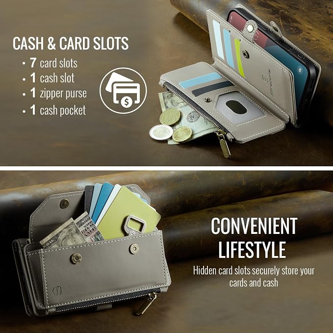 Strapurs Wallet Case Compatible with iPhone 16 6.1" RFID Blocking 7-Card Holder Soft PU Leather Magnetic Snap Shoulder Strap Zipper Pocket Phone Case Fit for iPhone 16 for Women - Grey