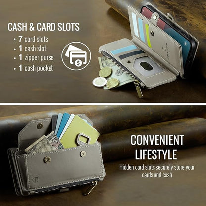 Strapurs Crossbody Wallet Case Compatible with iPhone 17e / iPhone 16e RFID Blocking 7-Card Holder PU Leather Magnetic Snap Shoulder Strap Zipper Pocket Phone Cases for iPhone 17e / 16e - Grey