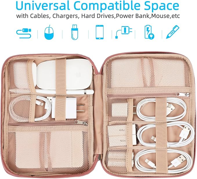 NISHEL Travel Cord Organizer, Electronic Cable Accessories Storage Bag | Bag for chargers, cables, phones, hard drives, USB devices and SD cards, ideal for travel and daily use, Rosewood-Pink