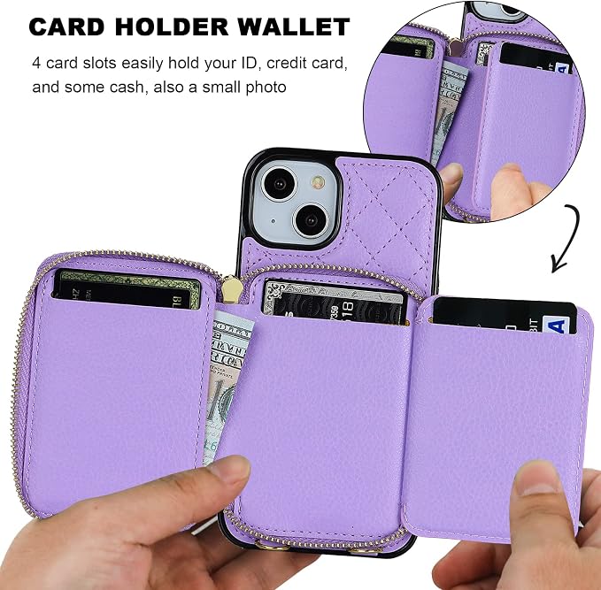 Bocasal Crossbody Wallet Case for iPhone 14, RFID Blocking PU Leather Zipper Handbag Purse Flip Cover, Kickstand Folio Case with Card Slots Holder Wrist Strap Lanyard 5G 6.1 Inch (Purple)