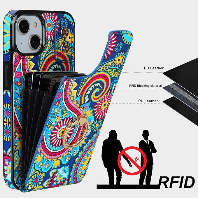 HAOPINSH for iPhone 13/ iPhone 14 Wallet Case with Card Holder, 360°Rotation Ring Kickstand, Paisley Pattern, RFID Blocking Leather for Girls Women, Double Buttons Flip Protective Cover 6.1"