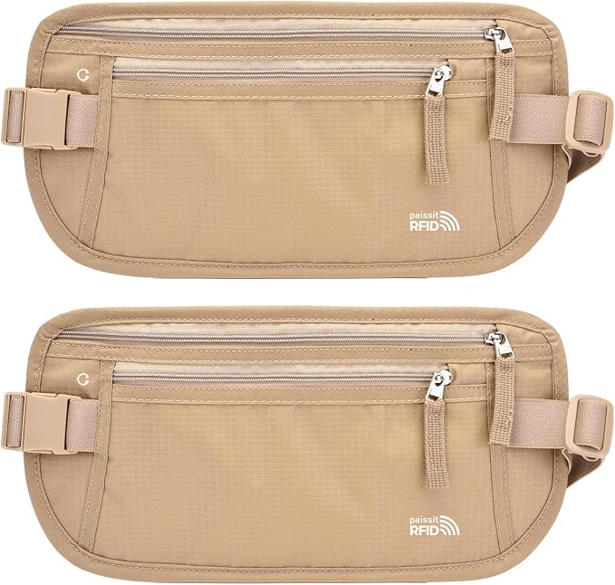 Unisex Money Belt For Men and Women, Slim Passport Holder RFID Blocking Travel Essentials Pouch with Adjustable Strap Small Waist Pouch for Workout Running Travelling Hiking (Beige 2 Packs)
