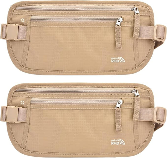 Unisex Money Belt For Men and Women, Slim Passport Holder RFID Blocking Travel Essentials Pouch with Adjustable Strap Small Waist Pouch for Workout Running Travelling Hiking (Beige 2 Packs)