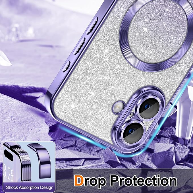 Hython for iPhone 17 Case Glitter Clear Magnetic Phone Cases [Compatible with MagSafe] Full Camera Lens Protector Sparkle Luxury Plating Slim Shockproof Protective Cover, Gradient Light Purple