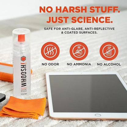 WHOOSH! Screen Shine Go XL - 3.4 fl oz with Microfiber Cloth - Powerful Streak-Free Screen Cleaner Spray and Wipe for MacBook, Laptop, Car, Eyeglasses & Phone - Sleek Bottle for Home, Work or Travel