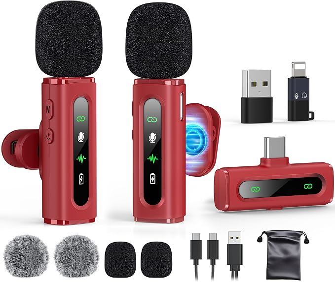 USB C Lavalier Microphone Wireless Mini Mic for Type-C Android Phone/Tablet/PC Video Recording Clip-on Mics with Rotatable Clip&Denoise Recording, Ideal for Vlog Tiktok Youtube Content Creator, Red