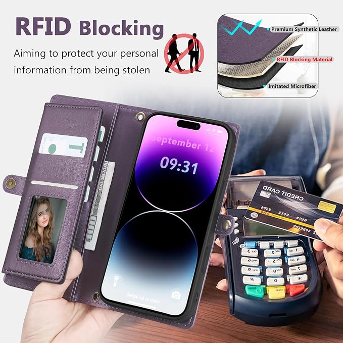 Wallet Case for iPhone 14 Pro Max with Card Holder/Crossbody Wallet/Strap| RFID Blocking | Magnetic | Kickstand | Detachable | PU Leather Phone Case for iPhone 14 Pro Max,6.7 in,Purple