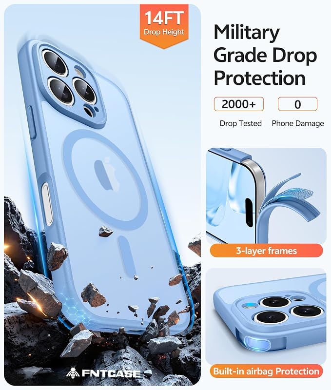 FNTCASE for iPhone 16 Pro Case: [Compatible with Magsafe] Translucent Matte Cases with [Full Camera Protection] [Screen Protector] Military Grade Shockproof Protective Phone Cover - Light Blue